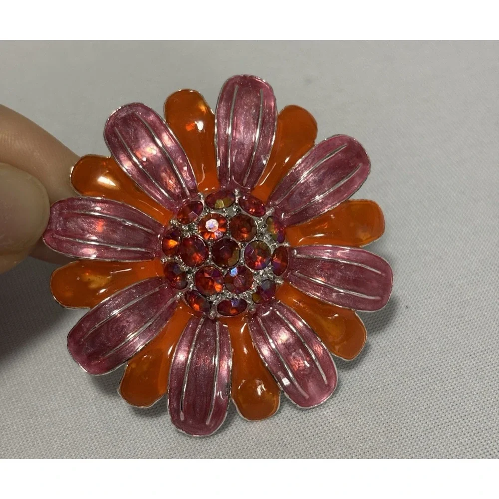 Vintage Orange Pink Rhinestone Flower Pin‎ Clip On Earring Set Colorful Spring